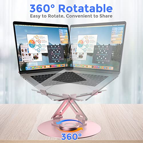Swivel Laptop Stand for Desk, Adjustable Height Aluminum Computer Stand with 360 Rotating Base, Foldable Ergonomic Riser, Portable Laptop Holder Compatible with MacBook, All Laptops 10-17'', Pink - color: Pink