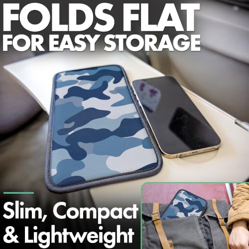 Airplane Phone Holder - Foldable Phone Stand for Plane Travel | Aluminum Build, 9 x 5 in. Blue Camo, Tabletop Mount Desk, Plane Tray Seat back, Treadmill, Fits iPhone Cell Phone - color: Blue Camo, size: Large