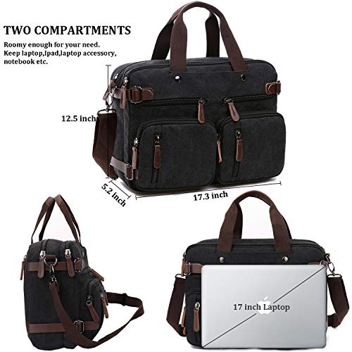 CROCOD 3 In 1 Canvas Convertible Laptop Bag for Men Women, 17.3 inch Laptop Messenger Bag Work Briefcase, Computer Shoulder Bag for Travel Business Office (17.3 Inch, Black) - color: Black