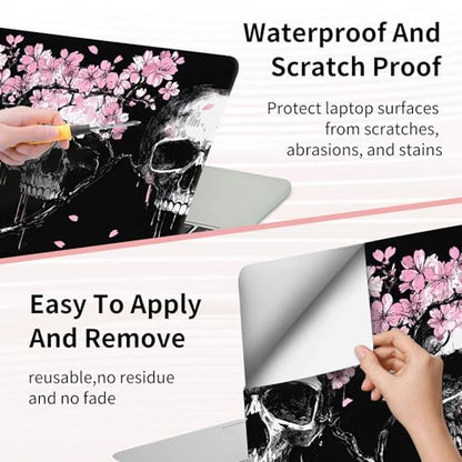 15.6 Inch Laptop Skin Sticker, Reusable Vinyl Cover Protector with 2 Wrist Pad Skins, Removable Waterproof Scratch-Resistant for 12-15.6 Inch Laptop Notebook,Cherry Blossom Flowers Skulls - color: Cherry Blossom Flowers Skulls