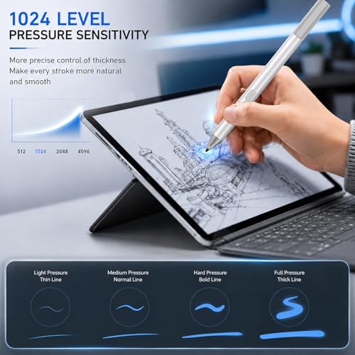 Pen for Surface Pro 11/10/9/8/X, Surface Laptop/Book/Go/Studio, Kobo | Palm Rejection, 1024 Pressure, 2500H Battery Life Active Stylus Pencil for Student Note-Taking & Artist Business Drawing - color: Platinum