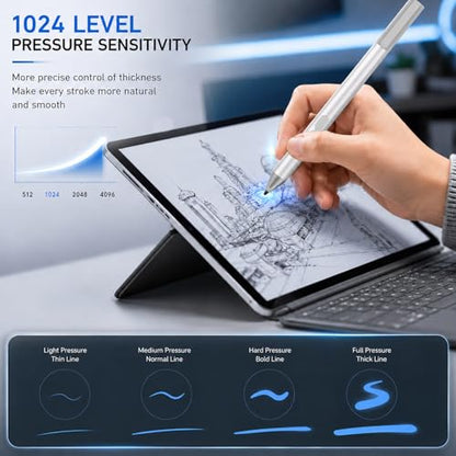 Pen for Surface Pro 11/10/9/8/X, Surface Laptop/Book/Go/Studio, Kobo | Palm Rejection, 1024 Pressure, 2500H Battery Life Active Stylus Pencil for Student Note-Taking & Artist Business Drawing - color: Platinum