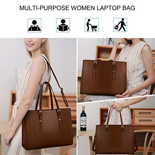 Laptop Bag for Women 15.6 Inch Crocodile Leather Tote Bag Water-resistant Work Briefcase Business Computer Shoulder Bag for Travel Teacher Nurse Professional Handbag - color: Coffee