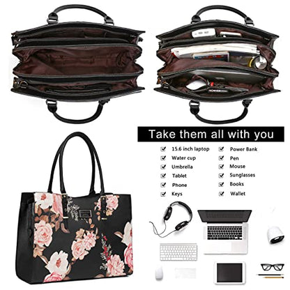 MOSISO Laptop Tote Bag for Women, 15-16 inch Laptop Bag | Compatible with MacBook Air 15/Pro 16, Peony Waterproof PU Leather Work Tote Briefcase with Adjustable PU Handle, Black - size: 16 inch