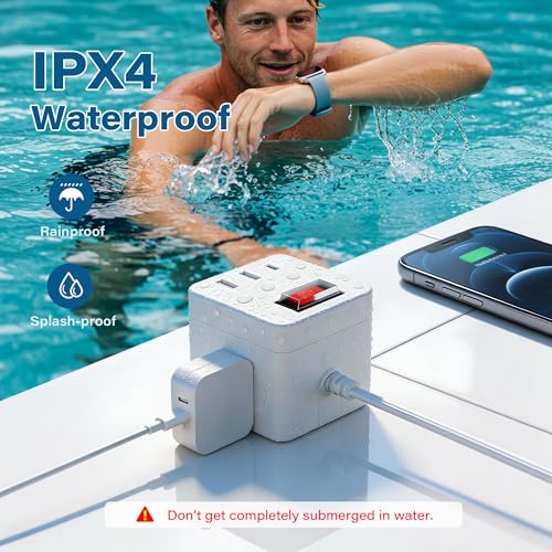 Outdoor Power Strip Cube 10 Ft, IPX4 Waterproof 3 AC Outlet Widely Spaced with 2 USB-A & 1 USB-C PD 20W Charging Station, Low Profile 45 Degree Flat Plug Extension Cord Wall Mountable, ETL-White - size: 10FT