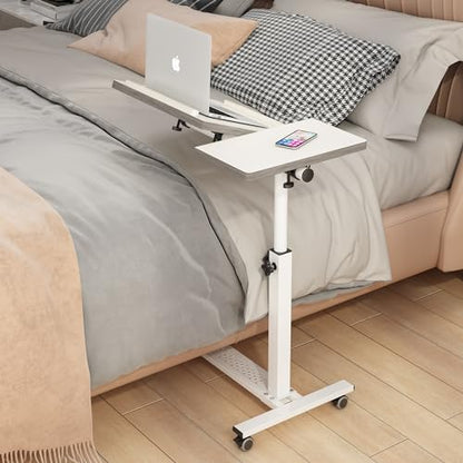 TigerDad Over Bed Table with Wheels, White | Adjustable, Rolling Laptop Table, Hospital Tray Table, Sofa Chair Side Table - color: White