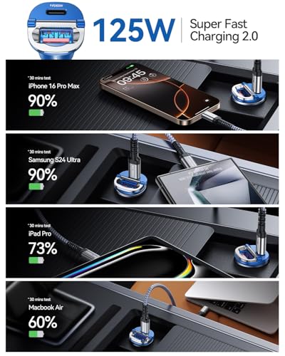 MRGLAS【Upgraded】 125W USB C Car Charger Super Fast Charging for iPhone 16 | [PD65W & QC60W][All Metal] Cigarette Lighter Car Charger,Dual Port for iPhone 16 15 Pro iPad Samsung S25 S24 MacBook-Blue - color: Blue