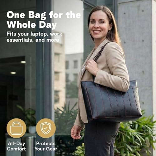 Laptop Bag for Women - 14" Vegan Leather Computer Bags for Laptops for Women - Padded Compartment - Leather Tote - color: Black