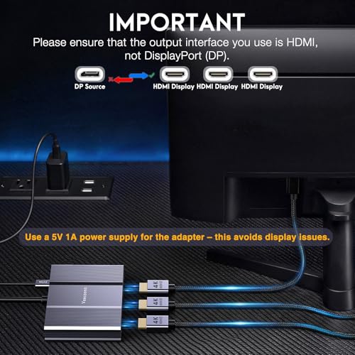 DisplayPort to HDMI Adapter 1 in 3 Out | 4K60Hz, DP Source to HDMI Splitter | DP Source to HDMI Splitter Extended Display for 3 monitors, MST Hub for Desktop,Laptop,Graphics Card - MACOS Not Support MST