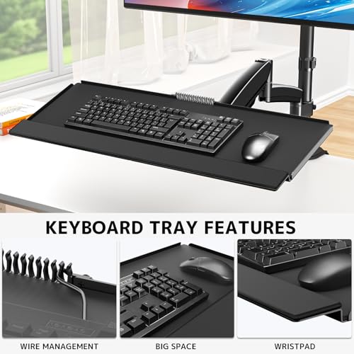 PUTORSEN Sit Stand Monitor Desk Mount with Keyboard Tray for 17-32” Screens | Height Adjustable Full-Motion Articulating Arm,19.8 lbs Monitor & 2.2lbs Tray Capacity, C-Clamp & Grommet Mount,Black - size: 32 Inch