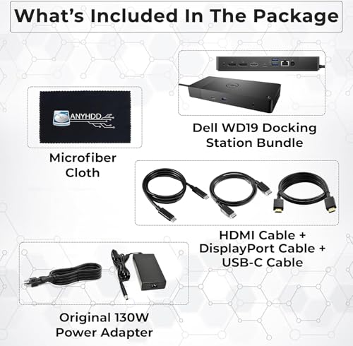 Dell WD19 130W Docking Station Bundle with 130W Power Adapter + HDMI Cable + DisplayPort Cable + USB-C Cable + Microfiber Cloth Included
