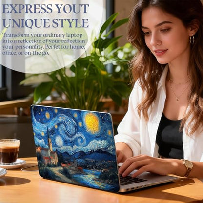 Universal Laptop Skin Sticker Decal,15.6 Inch Laptop Vinyl Cover for 13" 14" 15.6" Laptop,Scratch-Resistant Waterproof Protector Wrap,Reusable with Wrist Pads,Swirl Starry Night Town - color: Swirl Starry Night Town