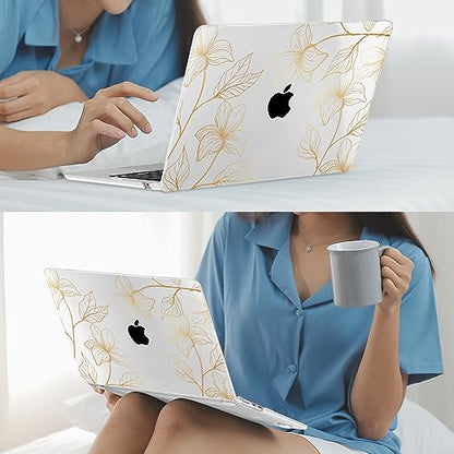Mektron for 2026/2025/2024/2023 MacBook Air 15 INCH M5 A3448 /M4 A3241 /M3 A3114 /M2 A2941 Case, Printed Plastic Hard Shell Cover with 15.3" Liquid Retina Display Touch ID, Gold Flower S718 - color: Gold Flower S718