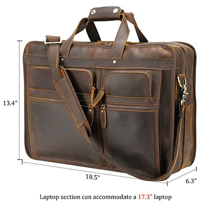 Polare 18.5” Full Grain Leather Laptop Briefcase Messenger Bag Tote For Men Large Fits 17.3” Laptop - color: Dark Brown(x-large)