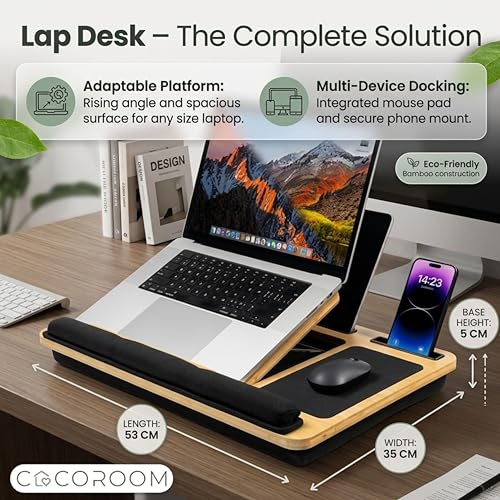Lap Desk for Laptop – Bed Desk Tray Table with Cushion, 5 Angles, Phone & Tablet Holder, Mouse Pad & Ventilation – Laptop Stand, Lap Table, Couch Desk for 15”-17” Laptops (Black) - color: Black