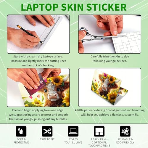 Laptop Skin Sticker Decal, Universal Protective Cover Fit 12 13 14 15.6 Inch Notebook, Reusable Water-Resistant Vinyl Decal w/ 2 Wrist Pads for Business Travel Office, Cute Cow Flowers - color: Cute Cow Flowers
