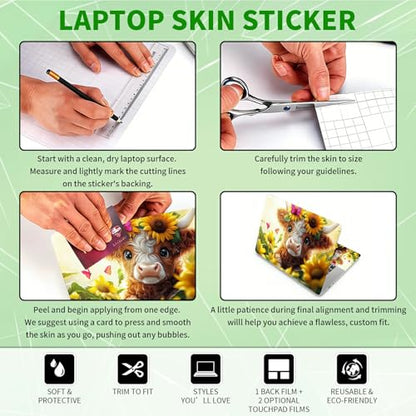 Laptop Skin Sticker Decal, Universal Protective Cover Fit 12 13 14 15.6 Inch Notebook, Reusable Water-Resistant Vinyl Decal w/ 2 Wrist Pads for Business Travel Office, Cute Cow Flowers - color: Cute Cow Flowers