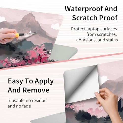 Laptop Skin Sticker 3-Piece Set,Mountains with Pink Flowers | Trim-to-fit 3-piece vinyl set with one 15 x 10.6 in lid skin and two palm-rest decals for many 12-15.6 in laptops - color: Mountains With Pink Flowers