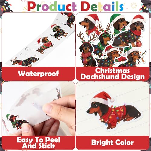 Haooryx Christmas Dachshund Sticker Roll - 1000 Pcs Cute Sausage Dog String Light Waterproof Vinyl Reusable Laptop Sticker Coloring Book Scrapbook Water Bottle Page Activity Pad Party Favor Skateboard - style: Christmas Dachshund