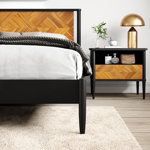 Howizz Lenia Solid Wood King Bed Frame with Headboard, Mid Century Modern Rustic Farmhouse Style, Chevron Diamond Pattern, Solid Acacia Wood Platform Bed, King Size, Golden Brown Black, Noise Free - color: Teak Brown, size: King Bed Frame