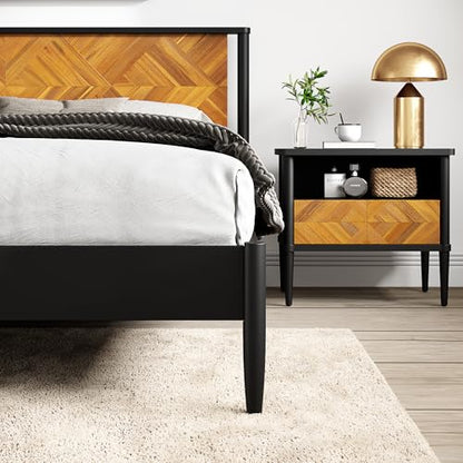 Howizz Lenia Solid Wood King Bed Frame with Headboard, Mid Century Modern Rustic Farmhouse Style, Chevron Diamond Pattern, Solid Acacia Wood Platform Bed, King Size, Golden Brown Black, Noise Free - color: Teak Brown, size: King Bed Frame