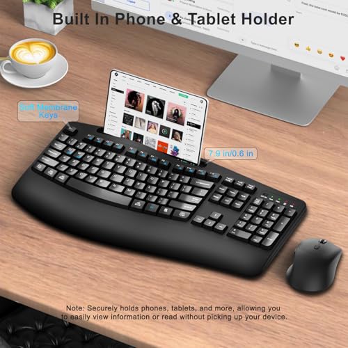 Wireless Keyboard and Mouse Combo, 2.4G Full Size Wave Keys Ergonomic Keyboard with Wrist Rest, Phone Holder, 3-Level DPI Wireless Silent Mouse with 6-Buttons, for Windows, Mac OS, Laptop, PC (Black) - color: Black
