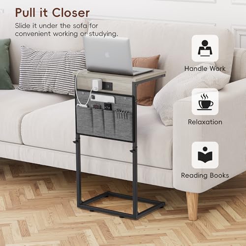 Vagusicc C-Shaped End Table with Charging Station, Small Side Table for Couch, 33" Tall C Table Adjustable Height Side Table, Couch Tables that Slide Under, Sofa Table TV Tray for Living Room,Gray - color: 1pc Greige