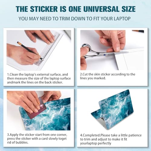 PLIGREAT 15 Inches Laptop Decal Sticker Skin Cover, Sea Wave Pattern Laptop Sticker Decals Fits 12" to 15" Laptops Universal Waterproof Removable, Blue White - color: Blue White