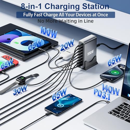 550W USB C Fast Charger Block, PD3.1 140W 8 Port USB Charging Station, GaN Ⅲ Pro PD PPS Fast Charging Station for Multiple Devices,Laptop Wall Charger Compatible with iPhone 17/iPad/MacBook etc - size: 550W+A 240W Braided Nylon Fast Charging Cable
