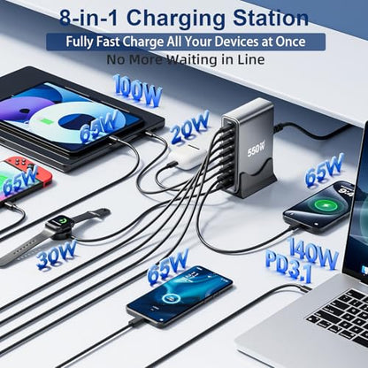 550W USB C Fast Charger Block, PD3.1 140W 8 Port USB Charging Station, GaN Ⅲ Pro PD PPS Fast Charging Station for Multiple Devices,Laptop Wall Charger Compatible with iPhone 17/iPad/MacBook etc - size: 550W+A 240W Braided Nylon Fast Charging Cable