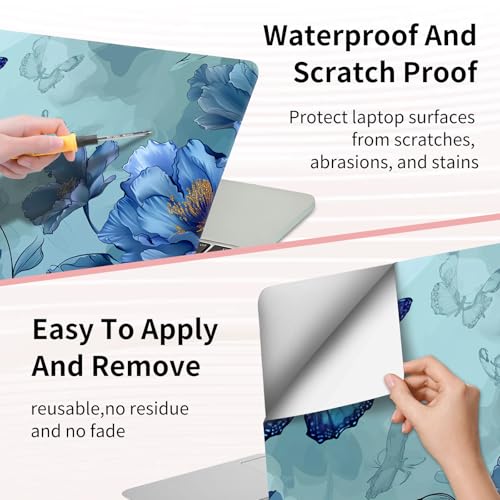 15.6 Inch Laptop Skin Sticker, Reusable Vinyl Cover Protector with 2 Wrist Pad Skins, Removable Waterproof Scratch-Resistant for 12-15.6 Inch Laptop Notebook,Blue Butterflies Flowers - color: Blue Butterflies Flowers