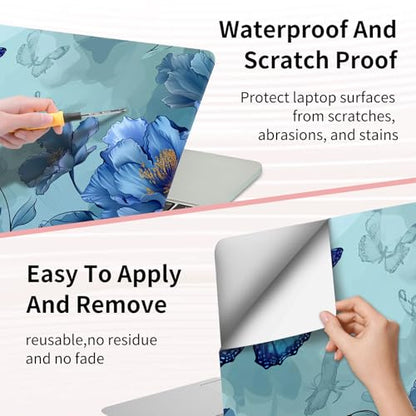 15.6 Inch Laptop Skin Sticker, Reusable Vinyl Cover Protector with 2 Wrist Pad Skins, Removable Waterproof Scratch-Resistant for 12-15.6 Inch Laptop Notebook,Blue Butterflies Flowers - color: Blue Butterflies Flowers