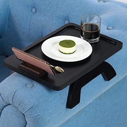 BLUEWEST Sofa Armrest Tray, Acacia Wood Couch Arm Clip on Tray Table with 360° Rotating Phone Holder –Fits Most Couch Arm Sizes–Non-Slip, Space-Saving Arm Table for TV Dinners, Remote, Drinks & Snacks - color: Black, size: Rectangle