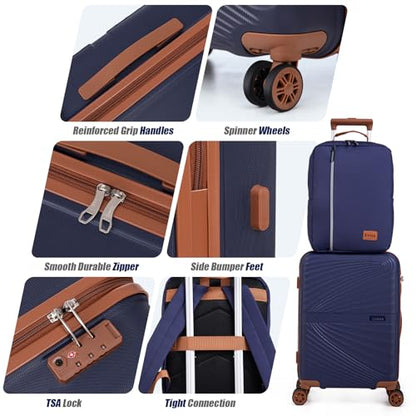 Carry On Luggage Set 22x14x9 Airline Approved Luggage Sets 3 Piece,Suitcases with Wheels,ABS Hard Case Luggage with TSA Lock Spinner Wheels(20 Inch,BP/TB) - color: Navy