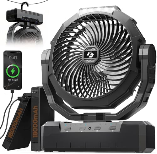 36000mAh Camping Fan, Detachable Rechargeable Portable Battery Fan | 98Hours, 4 Speeds, Timer Function, Light & Hook, Battery Operated Fan for Outdoor, Tent, Fishing, Travel, Hurricane, Jobsite - color: Black