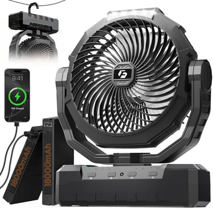 36000mAh Camping Fan, Detachable Rechargeable Portable Battery Fan | 98Hours, 4 Speeds, Timer Function, Light & Hook, Battery Operated Fan for Outdoor, Tent, Fishing, Travel, Hurricane, Jobsite - color: Black