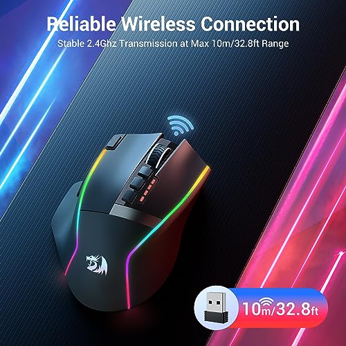 Redragon Wireless Gaming Mouse, Ergonomic Mouse 16000 DPI with Rapid Fire Key, 9 Macro Buttons, 170-Hour Durable Power Capacity and RGB Backlight Wired/Wireless Mouse for Laptop/Mac/PC - color: Deep black
