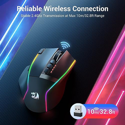 Redragon Wireless Gaming Mouse, Ergonomic Mouse 16000 DPI with Rapid Fire Key, 9 Macro Buttons, 170-Hour Durable Power Capacity and RGB Backlight Wired/Wireless Mouse for Laptop/Mac/PC - color: Deep black