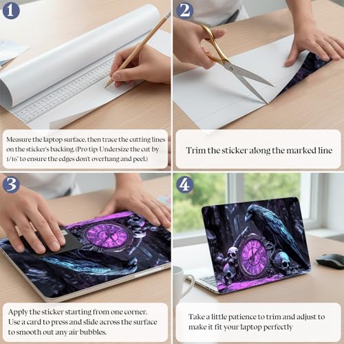 Universal Laptop Skin Sticker Decal,15.6 Inch Laptop Vinyl Cover for 13" 14" 15.6" Laptop,Scratch-Resistant Waterproof Protector Wrap,Reusable with Wrist Pads,Raven Clock of Skulls - color: Raven Clock of Skulls