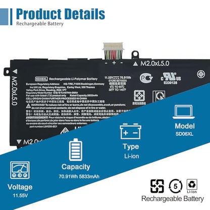 SD06XL Laptop Battery Replacement for HP Omen 15-ek0013dx 15-ek0xxx 15-en0023dx 15-en1075cl 15-en0xxx Series L84392-006 L84356-2C1 HSTNN-DB9U 11.55V 70.91Wh 5833mAh Notebook - size: 9.44*2.91*0.31 inch SD06XL