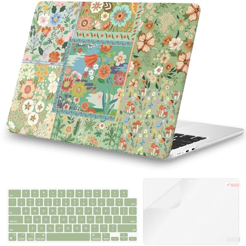 iCasso for MacBook Air 13.6 inch Case M5 2026 M4 2025 M3 M2 2024-2022 Model A3449 A3240 A3113 A2681, Flower Pattern Sturdy Protective Hard Shell Case Cover for Mac Book Air 13 inch, Green - color: Green Flower Patchwork