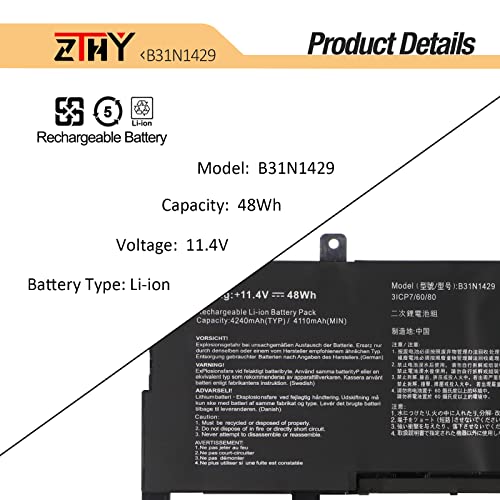 B31N1429 Laptop Battery for ASUS A501L A501LB A501LX A501UX FX51LB K501U | K501UB K501UQ K501UX K501UW K501L K501LB K501LX R516LX R516UW R516UQ R516UX V502LB V502LX V505LX 11.4V 48Wh - size: 11.02*3.15*0.27 inch B31N1429