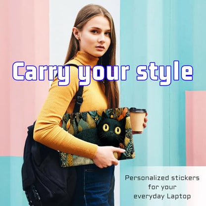 Universal Laptop Skin Sticker Decal, Compatible with MacBook HP Dell Lenovo 12"-15.6", Reusable Vinyl Notebook Cover 3PCS Set, High-Recognition Film-Black Cat in Foliage - color: Black Cat in Foliage