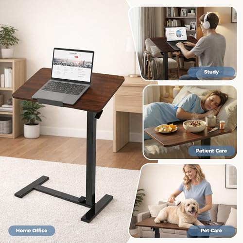DUMOS Adjustable Rolling Desk, Mobile Overbed Bedside with Hidden Wheels, Portable Laptop Standing Desks Computer Workstation for Bed Sofa Couch, Brown
