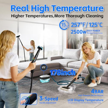 Steam Cleaner for Home(True High Temperature257℉),3-Levels Adjustable Hand held Steamer for Cleaning,1.9 Quart Steam Cleaner for Car,2500W Handheld Steam Cleaner Grease,Dirt,Tile Furniture