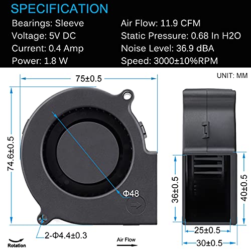 GDSTIME 75mm X 30mm USB Blower Fan with 3 Speeds Control, 5V Powered DC Brushless Turbine Turbo Cooling Fan - size: 75mm x 30mm