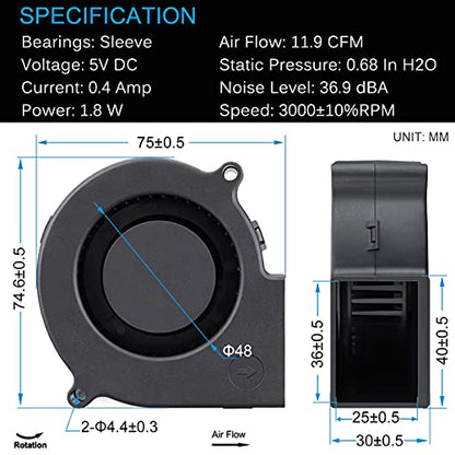 GDSTIME 75mm x 30mm 5V USB Blower Fan with 3 Speed Controller DC Brushless | 7530, Small Turbine Centrifugal Fans, for NAS, Helmet, Vivarium, Laptop, Amplifier, Raspberry Pi Cooling Ventilation - size: 75mm x 30mm