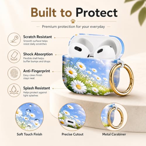 Compatible with AirPod 4 Case 2024, Cute Hard Plastic Protective Cover for Airpod 4th Generation Women, Shockproof Shell Skin with Gold Ring Keychain,Daisy Field Sky Clouds Green - color: Daisy Field Sky Clouds Green