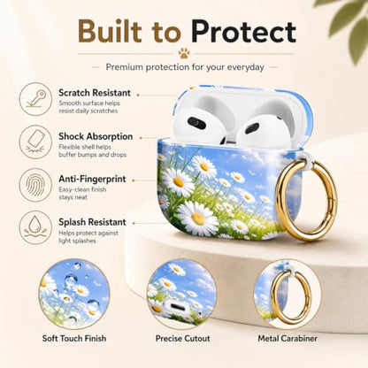 Compatible with AirPod 4 Case 2024, Cute Hard Plastic Protective Cover for Airpod 4th Generation Women, Shockproof Shell Skin with Gold Ring Keychain,Daisy Field Sky Clouds Green - color: Daisy Field Sky Clouds Green