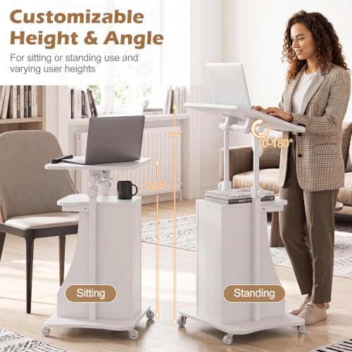 Tangkula Mobile Lectern Podium Set of 2, Height Adjustable Podium Stand, Standing Sit-to-Stand Desk, Rolling Cart Laptop Desk with Swivel Top Movable Wheels & Storage - color: White, size: 20" x 16" x 44"